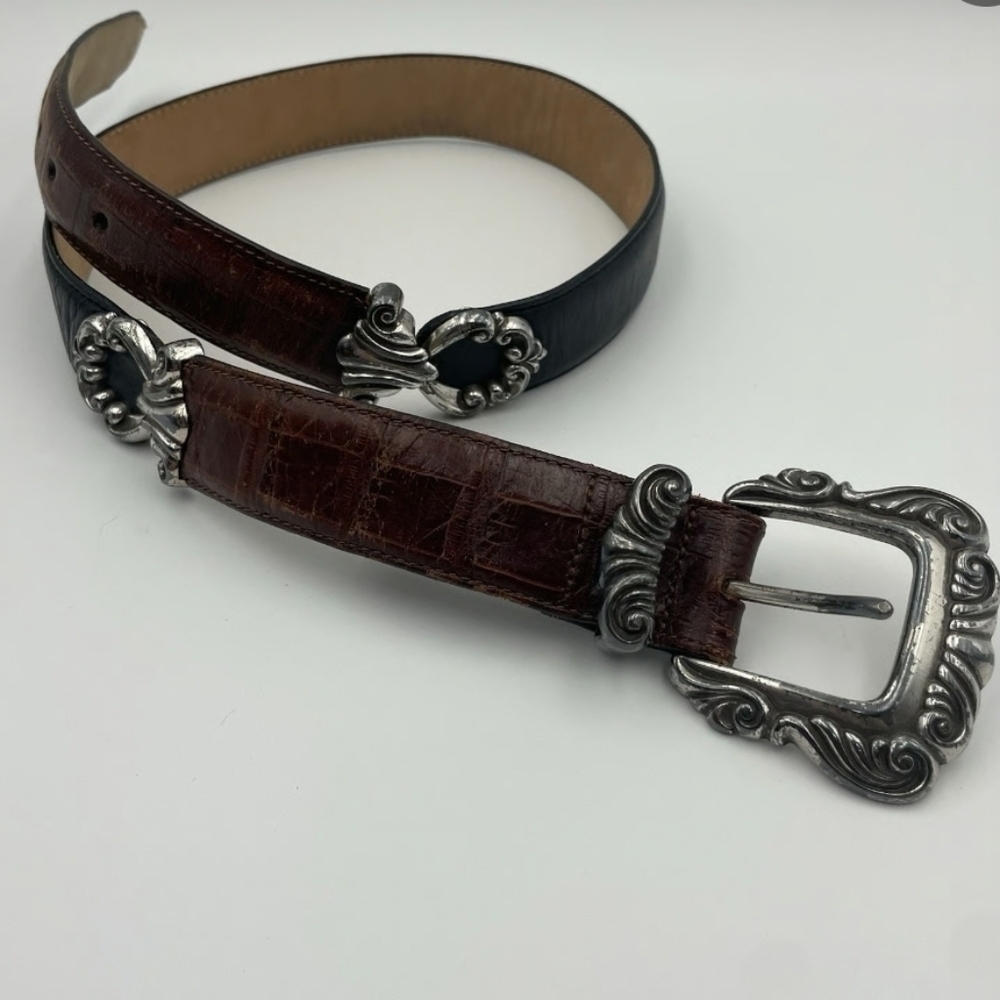 Vintage 90s Brighton Belt Brown & Black Two Tone Leather Silver Buckle Size S